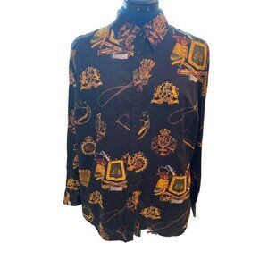 Lauren Ralph Lauren Womens Button-Up Shirt 1X Black & Multi Equestrian Print